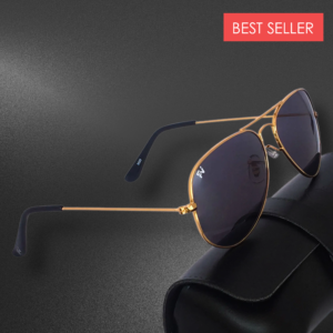 golden frame with black lens aviator sunglasses