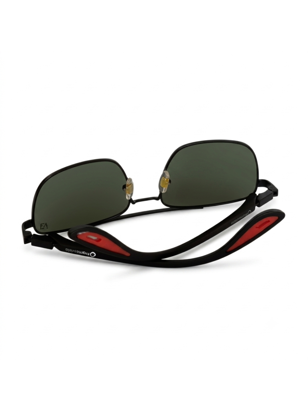 Front view of Framesvista black polarized sunglasses with dark lenses and red temple accents