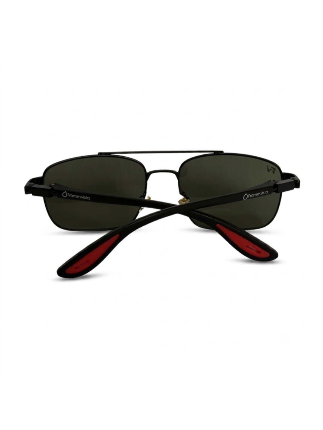 Front view of Framesvista black polarized sunglasses with dark lenses and red temple accents