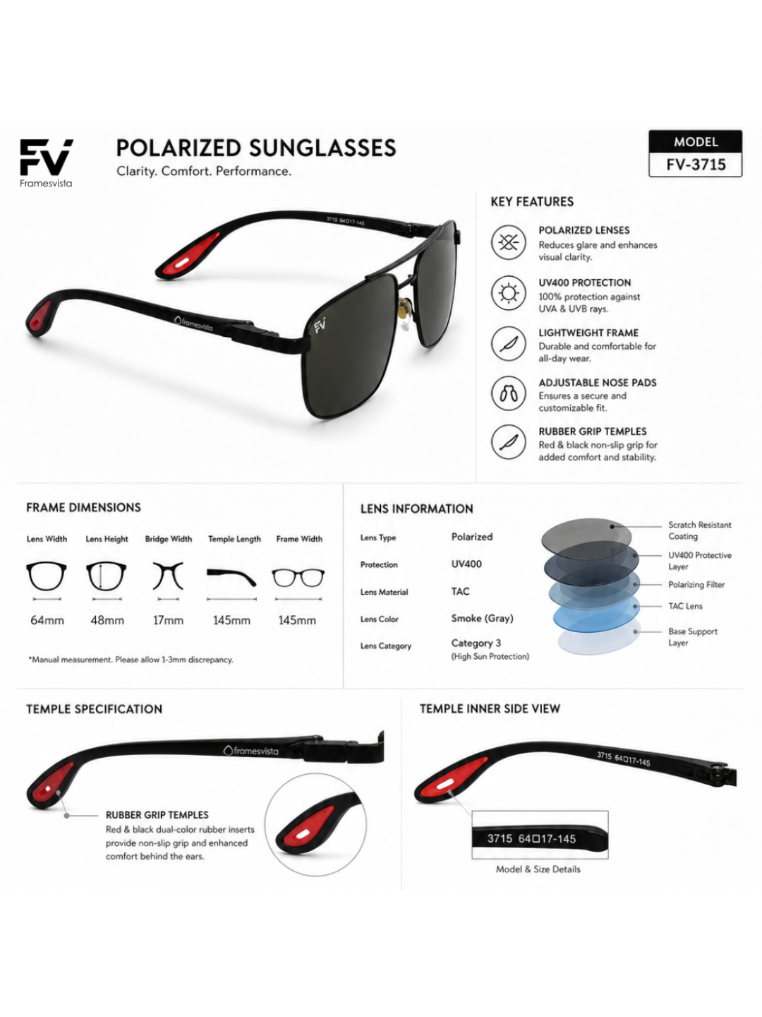 Front view of Framesvista black polarized sunglasses with dark lenses and red temple accents features