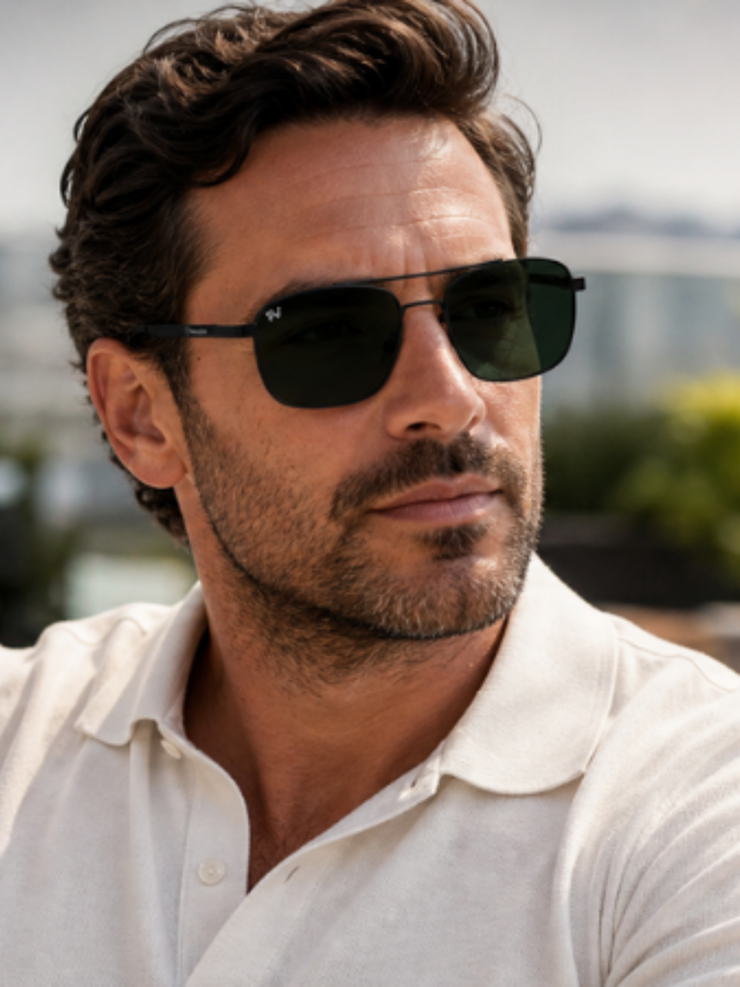 Front view of Framesvista black polarized sunglasses with dark lenses and red temple accents