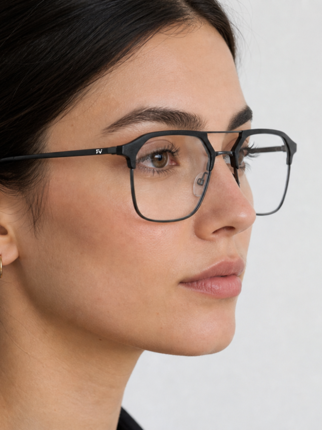 female model Framesvista FV-PG-7201 black square metal eyeglasses with Photo Grey lenses