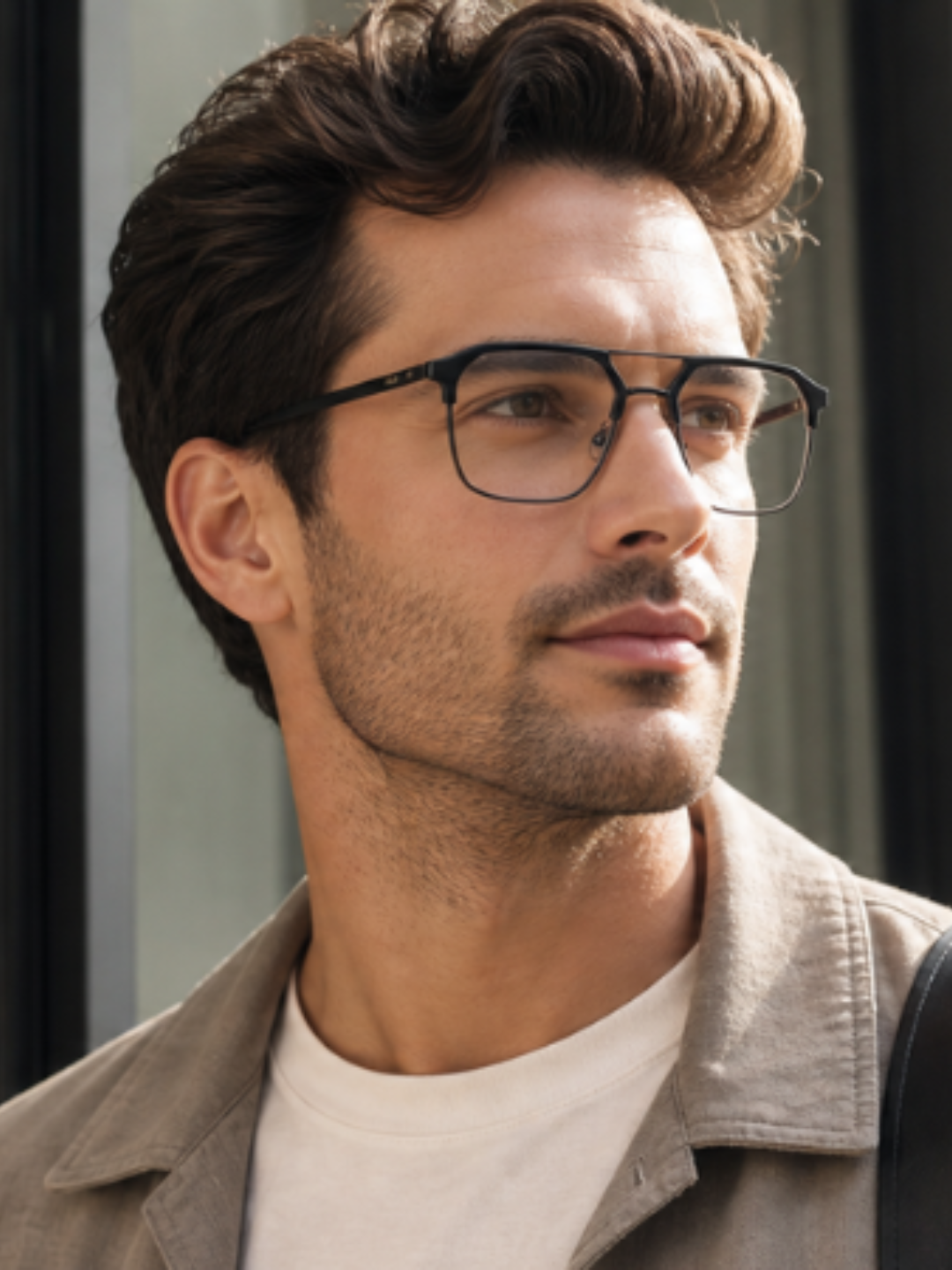 male model Framesvista FV-PG-7201 black square metal eyeglasses with Photo Grey lenses