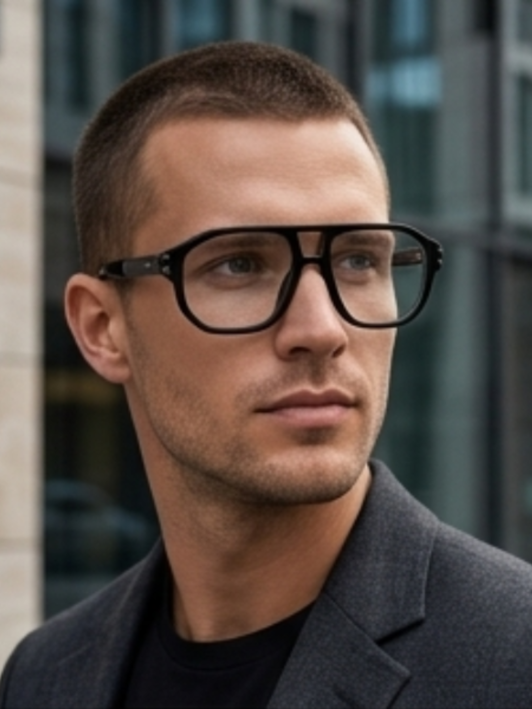 Side view of Framesvista FV-82104 black plastic eyeglasses frame with decorative hinges